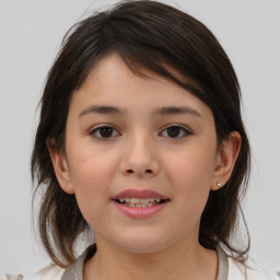 Joyful white child female with medium  brown hair and brown eyes