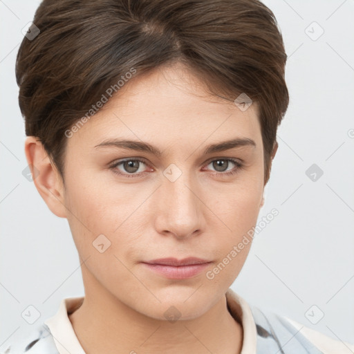 Neutral white young-adult female with short  brown hair and brown eyes