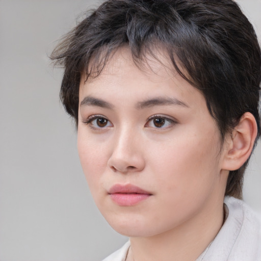 Neutral white young-adult female with short  brown hair and brown eyes