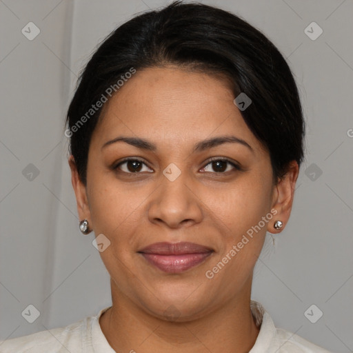 Joyful latino young-adult female with short  brown hair and brown eyes