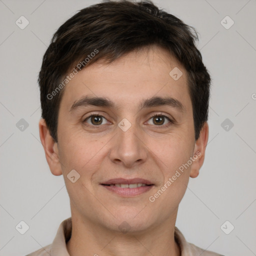 Joyful white young-adult male with short  brown hair and brown eyes