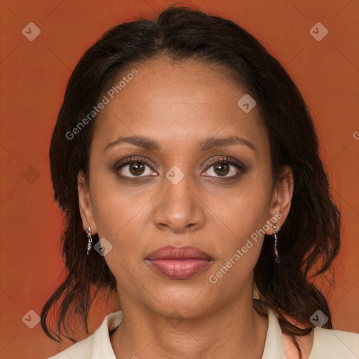 Joyful black young-adult female with medium  brown hair and brown eyes