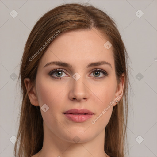 Neutral white young-adult female with long  brown hair and brown eyes