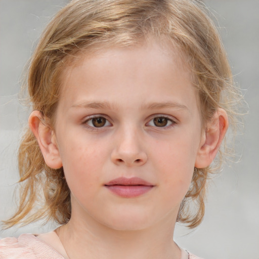 Neutral white child female with medium  brown hair and blue eyes