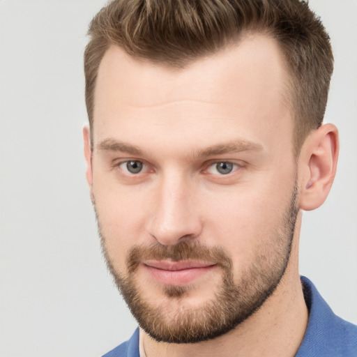 Neutral white young-adult male with short  brown hair and grey eyes