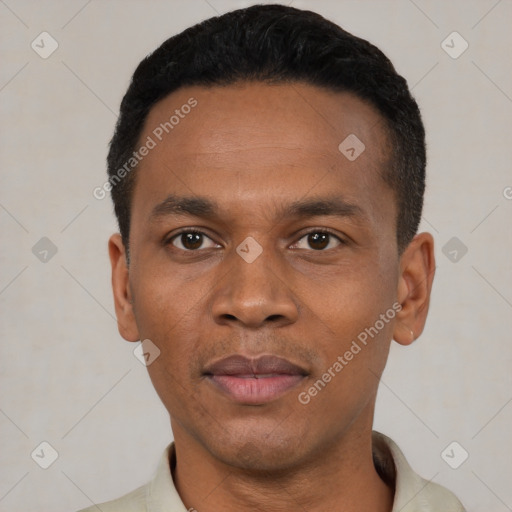 Neutral black young-adult male with short  black hair and brown eyes
