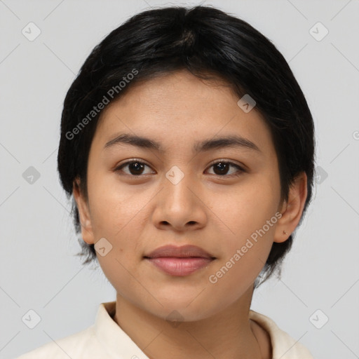 Neutral asian young-adult female with medium  black hair and brown eyes