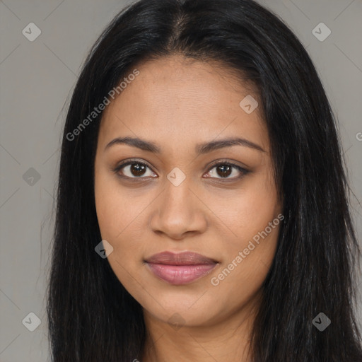 Joyful latino young-adult female with long  brown hair and brown eyes