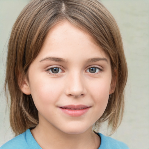 Joyful white child female with medium  brown hair and grey eyes