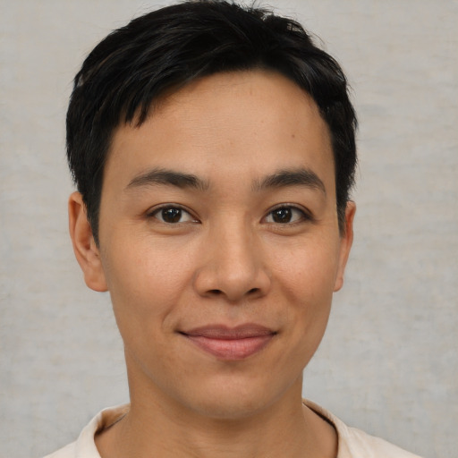 Joyful asian young-adult male with short  brown hair and brown eyes