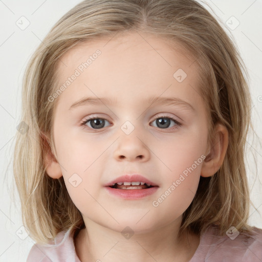 Neutral white child female with medium  brown hair and grey eyes