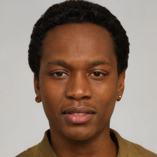Neutral black young-adult male with short  black hair and brown eyes