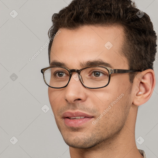 Neutral white young-adult male with short  brown hair and brown eyes