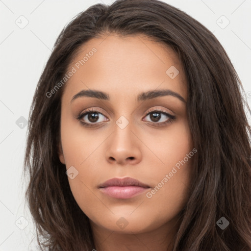 Neutral white young-adult female with long  brown hair and brown eyes