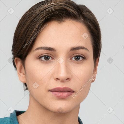 Neutral white young-adult female with short  brown hair and brown eyes