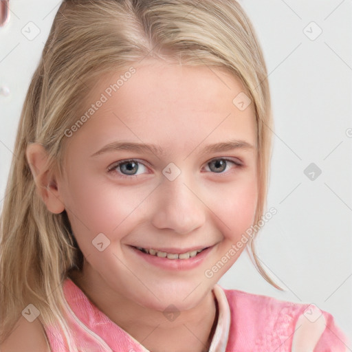 Joyful white child female with medium  brown hair and blue eyes