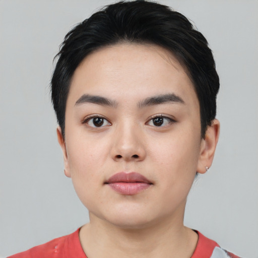 Neutral asian young-adult female with short  black hair and brown eyes