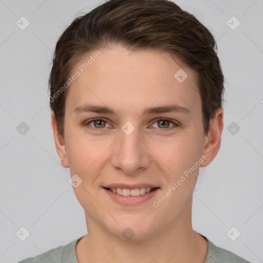 Joyful white young-adult female with short  brown hair and grey eyes