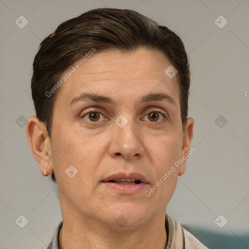 Joyful white adult female with short  brown hair and brown eyes