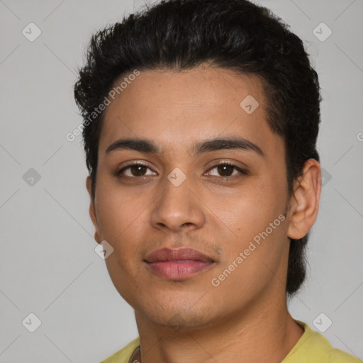 Neutral latino young-adult male with short  black hair and brown eyes