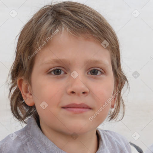 Neutral white child female with medium  brown hair and blue eyes