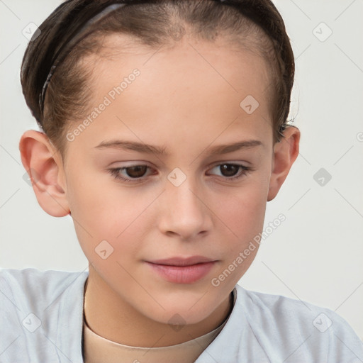 Joyful white child female with short  brown hair and brown eyes