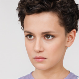 Neutral white young-adult female with short  brown hair and brown eyes