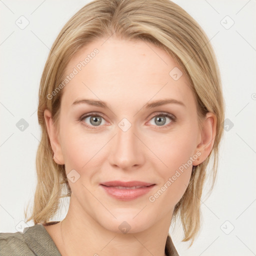 Joyful white young-adult female with medium  brown hair and blue eyes