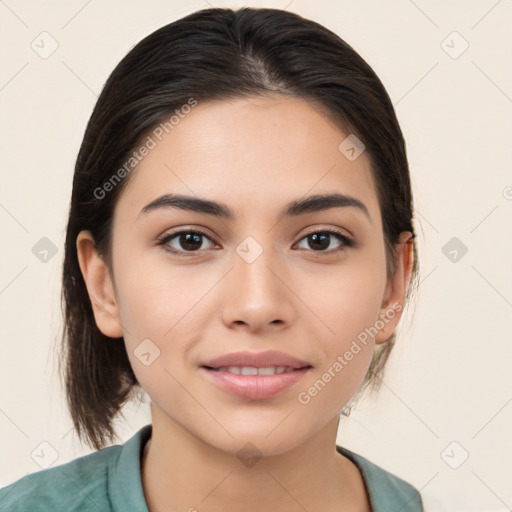 Joyful white young-adult female with medium  brown hair and brown eyes