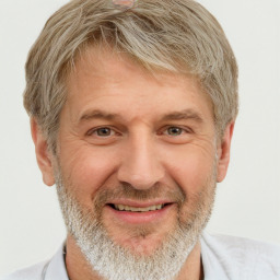 Joyful white middle-aged male with short  brown hair and brown eyes