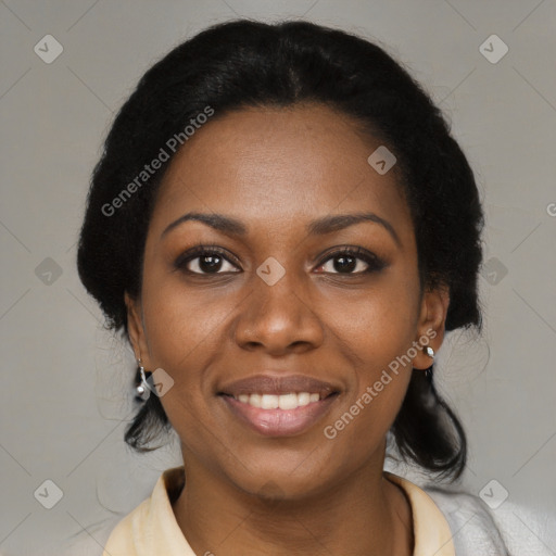 Joyful black young-adult female with medium  black hair and brown eyes