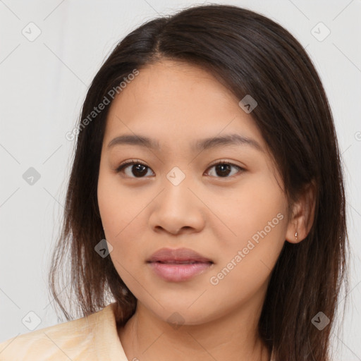 Joyful white young-adult female with medium  brown hair and brown eyes