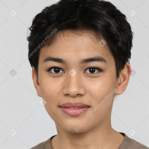 Joyful latino young-adult female with short  black hair and brown eyes