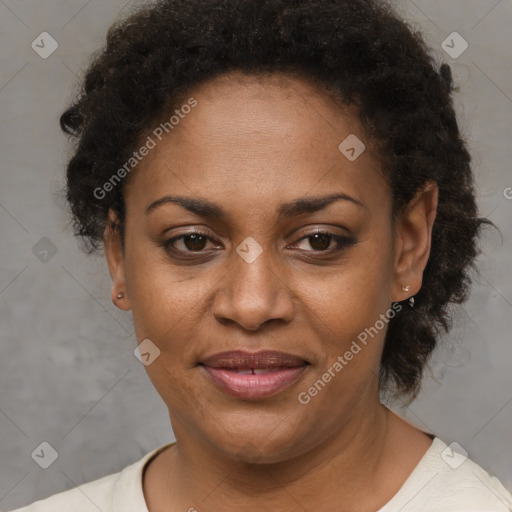 Joyful black adult female with short  brown hair and brown eyes