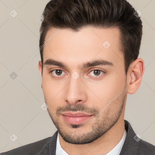 Neutral white young-adult male with short  brown hair and brown eyes