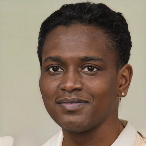 Joyful black young-adult male with short  brown hair and brown eyes