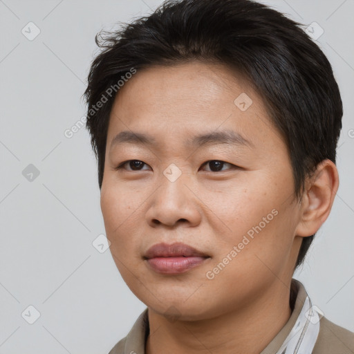 Joyful asian young-adult female with short  brown hair and brown eyes