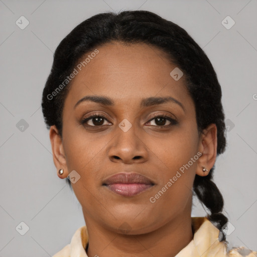 Neutral latino young-adult female with short  black hair and brown eyes