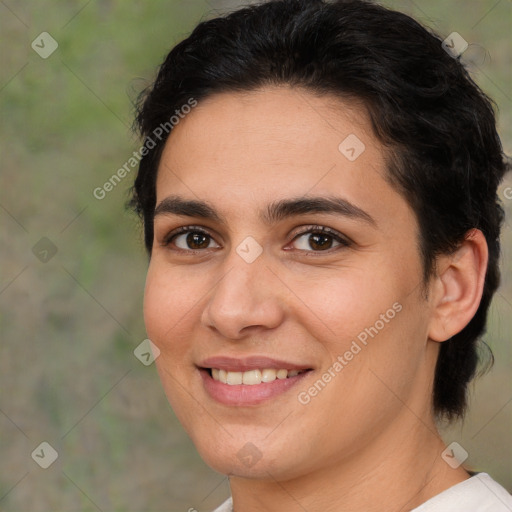 Joyful white young-adult female with medium  brown hair and brown eyes