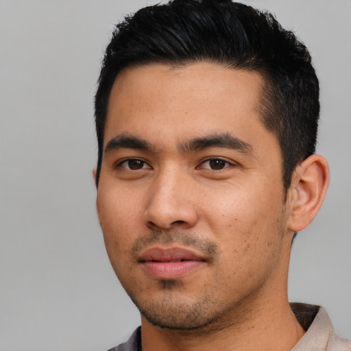 Neutral asian young-adult male with short  black hair and brown eyes