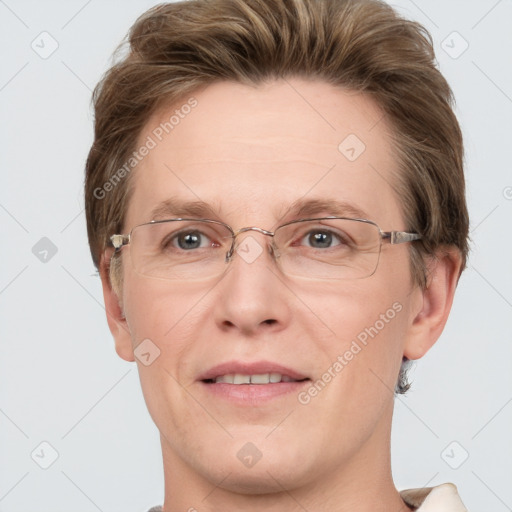 Joyful white adult male with short  brown hair and grey eyes