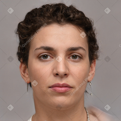 Neutral white young-adult female with short  brown hair and brown eyes