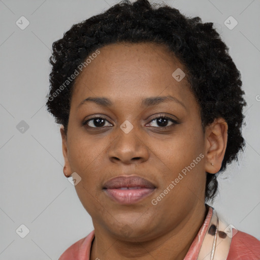 Neutral black young-adult female with short  brown hair and brown eyes