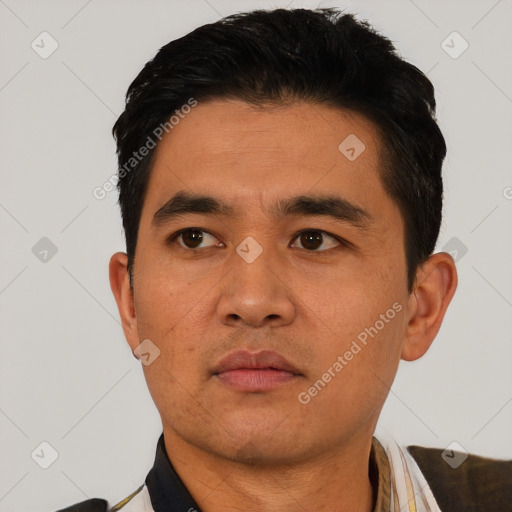 Neutral asian young-adult male with short  black hair and brown eyes