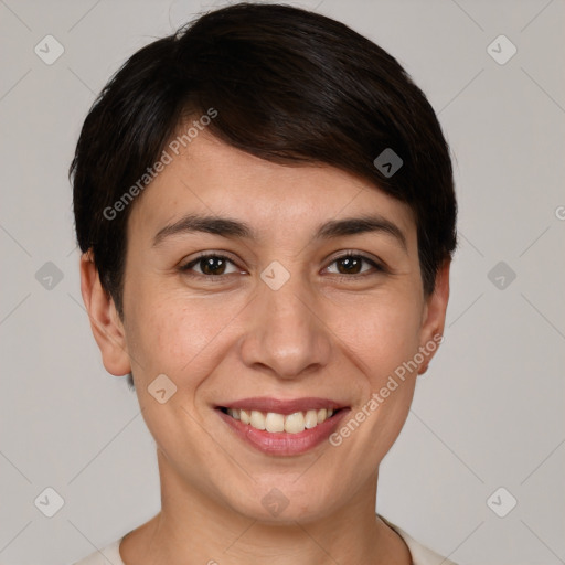 Joyful white young-adult female with short  brown hair and brown eyes