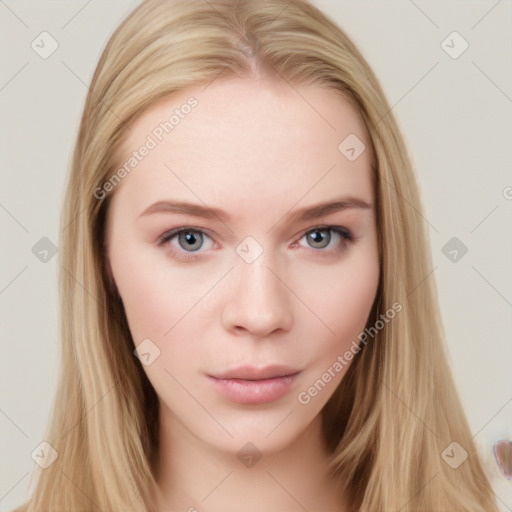 Neutral white young-adult female with long  brown hair and grey eyes