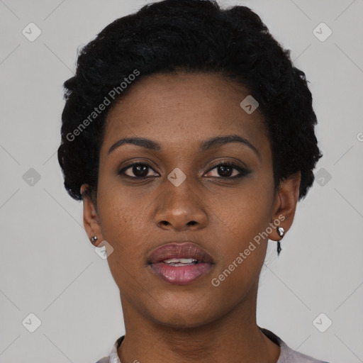 Neutral black young-adult female with short  black hair and brown eyes