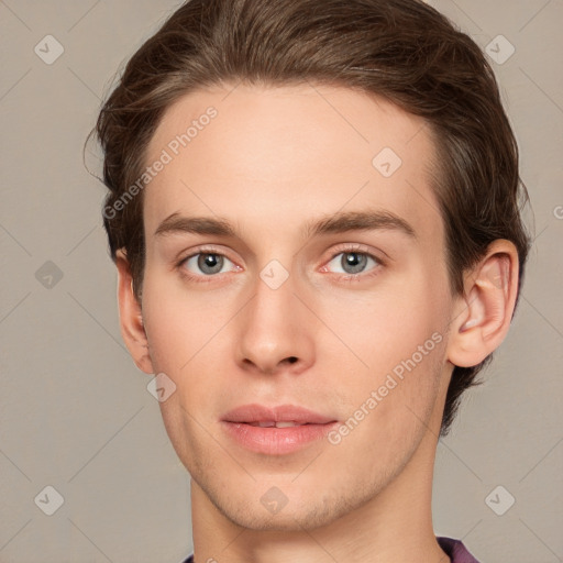 Neutral white young-adult male with short  brown hair and grey eyes