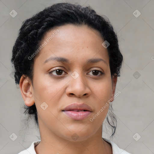 Joyful latino young-adult female with short  brown hair and brown eyes