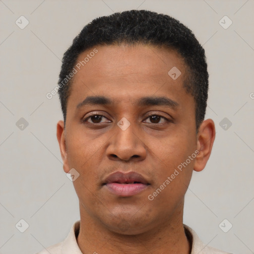 Neutral latino young-adult male with short  black hair and brown eyes